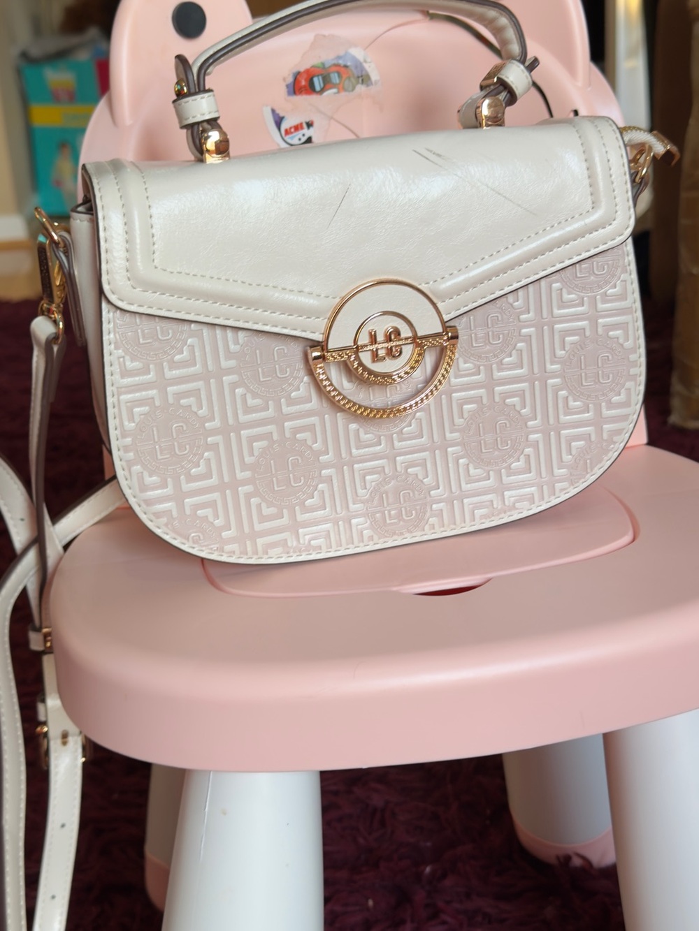 Cream Embossed Top-Handle Satchel with Gold Hardware